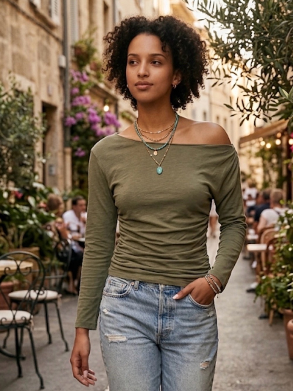Free People Night We Met Top M Army Green Off Shoulder Ruched Long Sleeve
